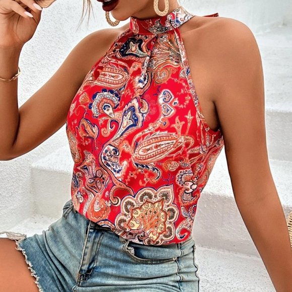 . Tops - Red Preppy Womens Floral & Paisley Print Tie Back Halter Top